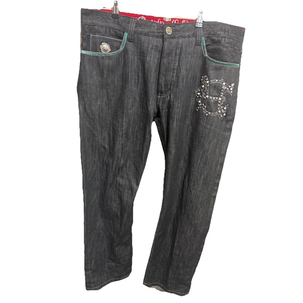 Y2K Crown Holder Jeans 38x34 - Velvet Embellished Men's Hip Hop Dark Wash Baggy